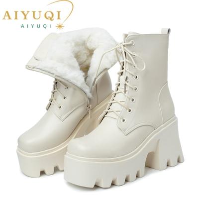 Fashion AIYUQI Women Ankle Boots Platform High Heel 2025 Genuine Leather Wool Warm Winter Boots Women Lace-up Fashion Biker Boots Women