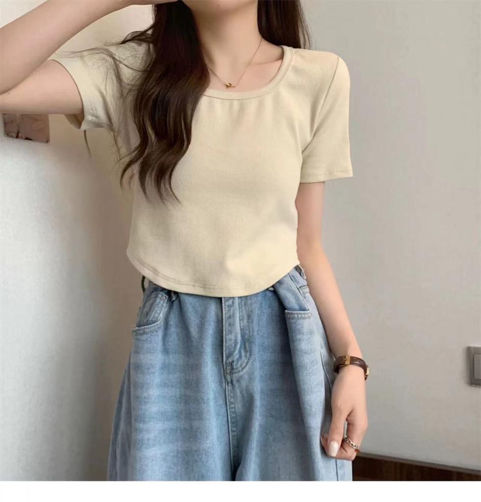 French Square Collar Curved Hem Short-sleeved T-shirt Women's Summer New Solid Color Slim-fitting Versatile Niche Top Tide