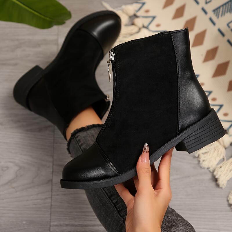 Fashion French Retro Suede Black Ankle Boots Women 2025 Autumn Comfort Thick Heel Stretch Boots Glitter Zip Decoration Shoes for Women