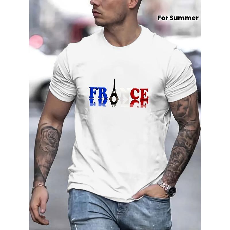 

FRANCE And Tower Graphic Print, Men s Novel Graphic Design T-shirt, Casual Comfy Tees For Summer, Men s Clothing Tops For Daily Activities 4XL білий