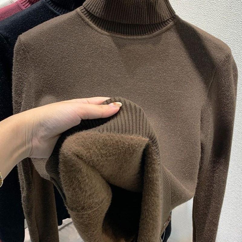 Womens Warm Knit Turtleneck Sweater With Fleece Lining Slim Fit Long Sleeve Top Winter