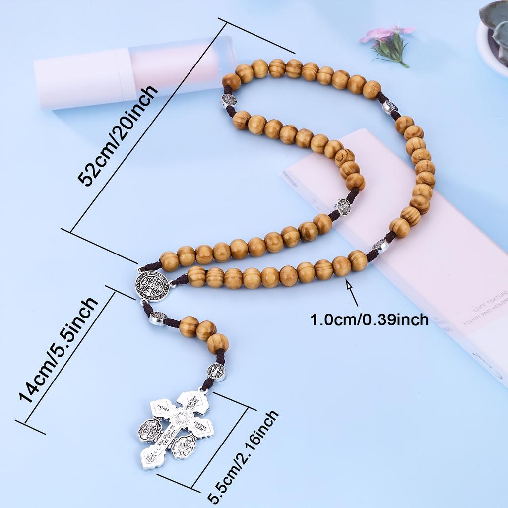 10MM Wood Beads Rosary Cross Necklace For Women Men Fashion Religion Jewelry Pendant Chain