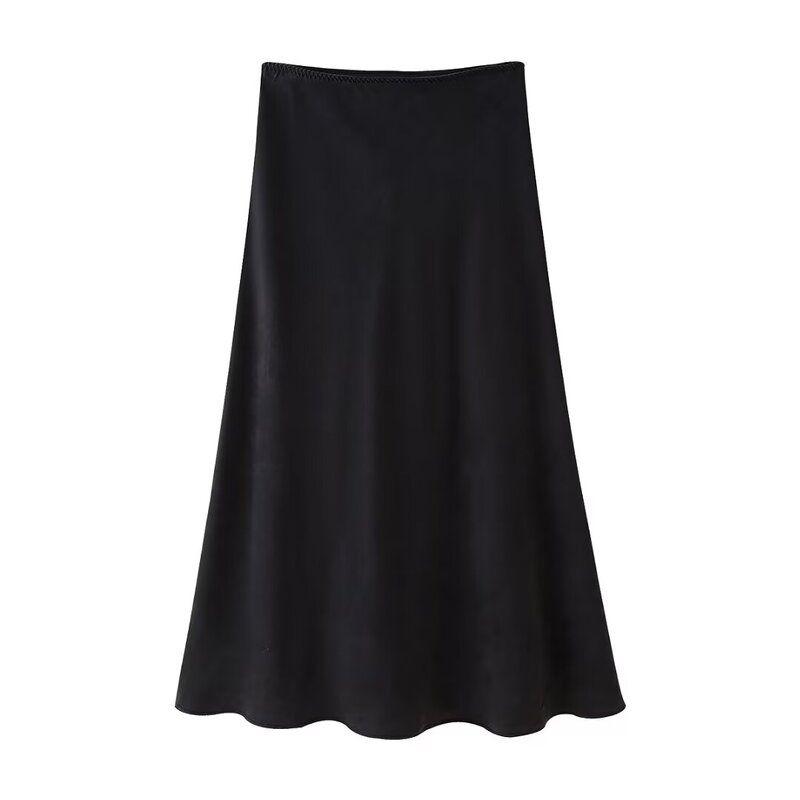 Fashion Style 2024 Fall and Winter New Women's Silk Satin Texture Blended Mid-Waist Midi Skirt Skirt 2548240