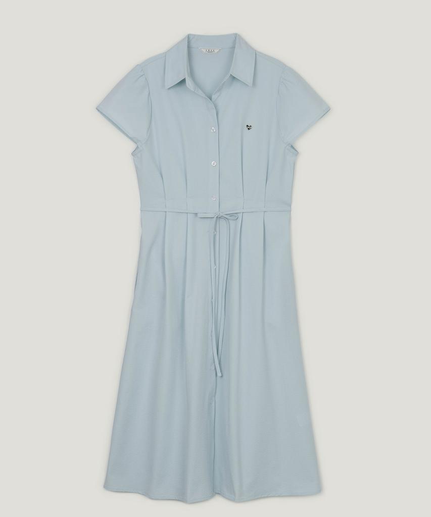 Teuwi D-Ring Open Collar Seersucker Pintuck Long Dress
