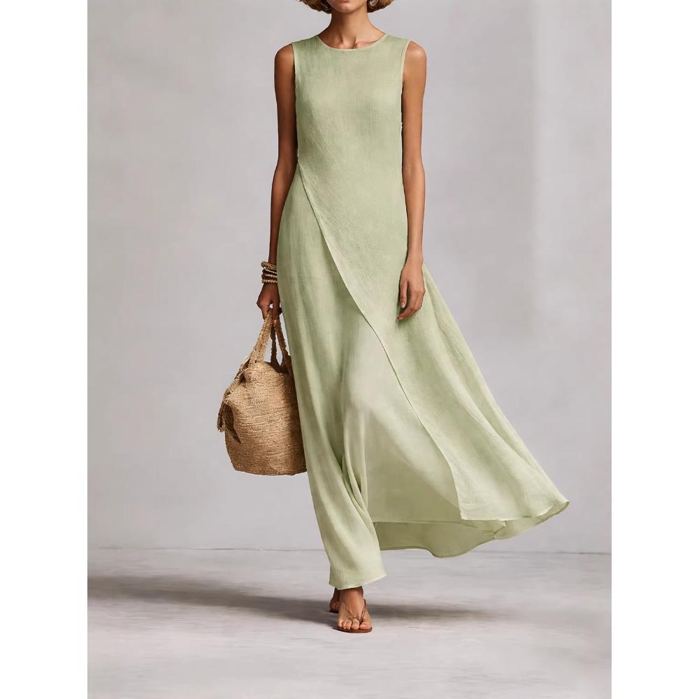 Women's Round Neck Sleeveless Loose Maxi Dress Casual Asymmetric Hem Linen Cotton Long Dress