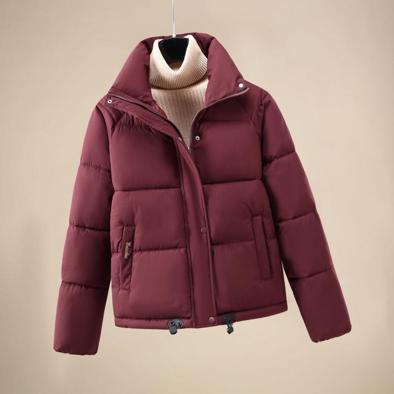 Womens Short Puffer Coat Winter Warm Loose Fit Cotton Jacket Stand Collar Solid Color Urban Street Style