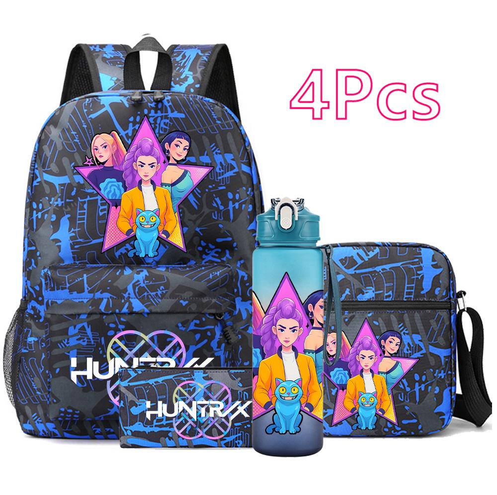 4Pcs/set Anime K-Pop Demon Hunters Printed Backpack Bookbag Shoulder Bag Case Bag with 750Ml Water Bottler for Boy Girl Large Capacity Schoolbag