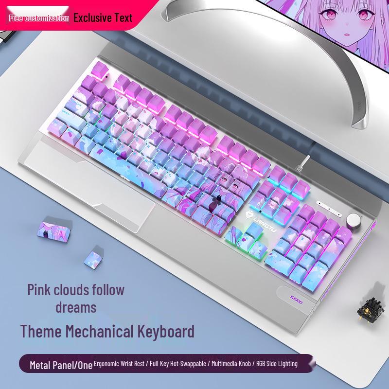 Langtu K1000 Mechanical Gaming Keyboard with Blue Switches - Custom PBT Theme for Girls & Office Use