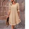 Spring and Summer Women's Vintage Mid-sleeved Round-neck Loose and Large-swing Dress