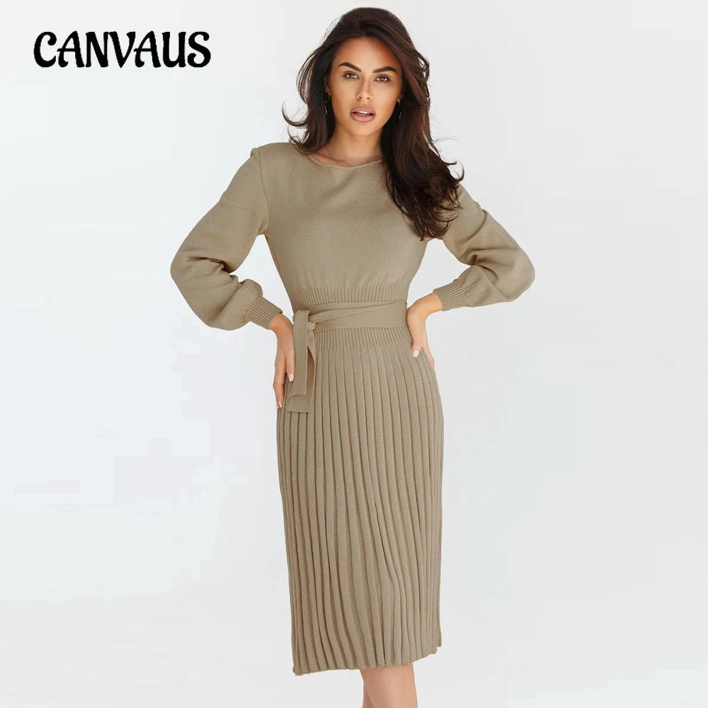 Damen-Strickkleid für Herbst und Winter, schmaler, plissierter, mittellanger Pulloverrock