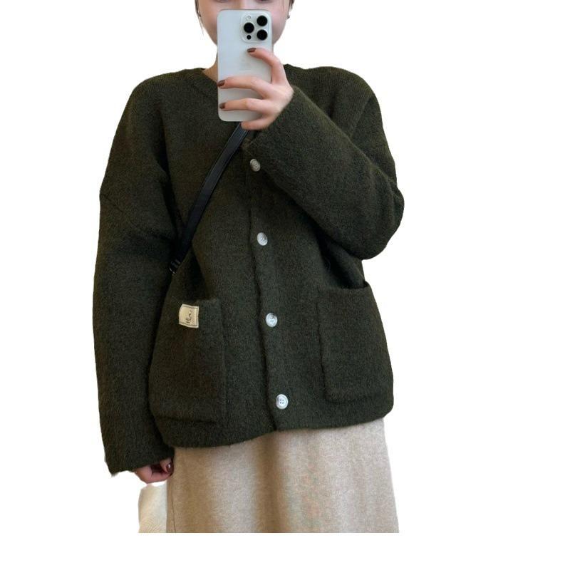 Autumn and winter new gentle soft waxy knitted cardigan women's loose lazy wind crew neck sweater jacket top