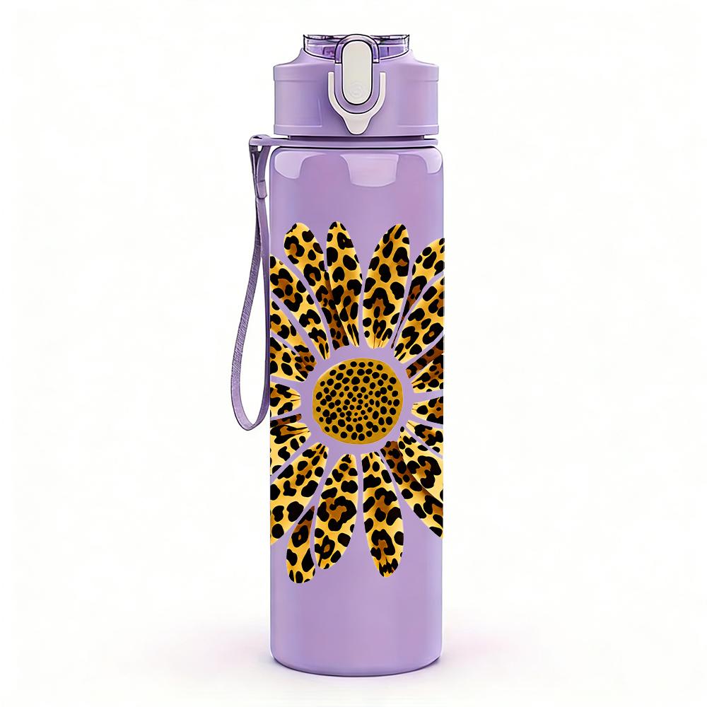 1PC Leopard Sunflower Bloom Graphic,750ml Color Plastic Sports Water Bottle,Leakproof Flip Straw Lid,Suitable for Sports Office Home Use