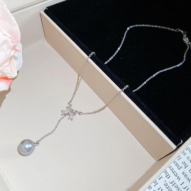 French zircon bow round pearl necklace elegant temperament versatile collarbone chain light luxury high-end sweater chain