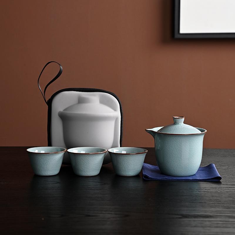 

Ge kiln travel kung fu tea set portable teapot ceramic outdoor travel portable cover bowl three cups gift