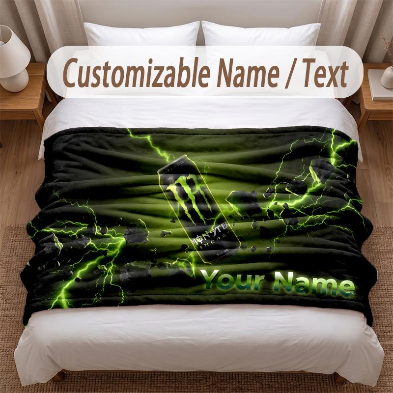 Monster Energy bedruckte Flanelldecke mit individuellem Namenstext, weich und warm, Überwurf für Schlafzimmer, Weihnachtsgeschenk