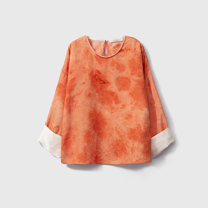 

Шелковый топ ручной работы тай-дай свободного кроя с рукавами, которые можно подвернуть, - женская блузка в стиле ретро с круглым вырезом для весны. XL