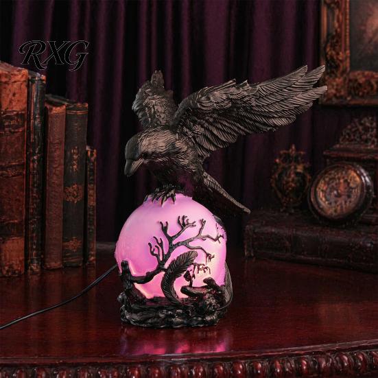 Spooky Crow Figurine Gothic Lamp, with Purple Light Ball, Resin Halloween Night Light, Realistic Sculpture USB Powered Dark Style Statue for