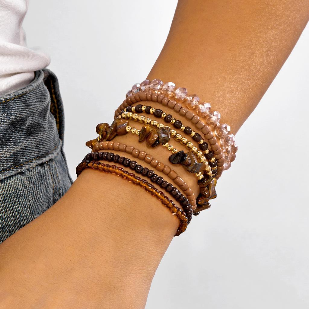 Bohemian bracelet stacking set, retro ethnic wind wood beads, crystal soft pottery beaded bracelet bracelet.