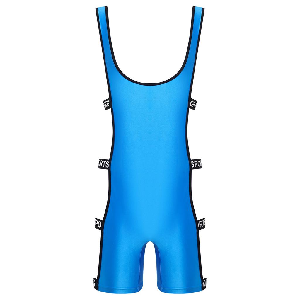 Men‘s Shiny One Piece Swim Bodysuit S-3XL Low Cut Neck Strappy Side Open Elastic Waistband Boxer Bottom for Bodybuilding Pool Training