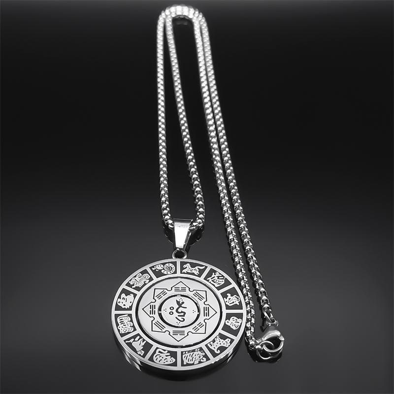 Buddhismus Chinesisches Tierkreiszeichen Lotus Drehbar Halskette für Männer Frauen Edelstahl Neun Paläste Bagua Amulett Kette Schmuck NZZZ172
