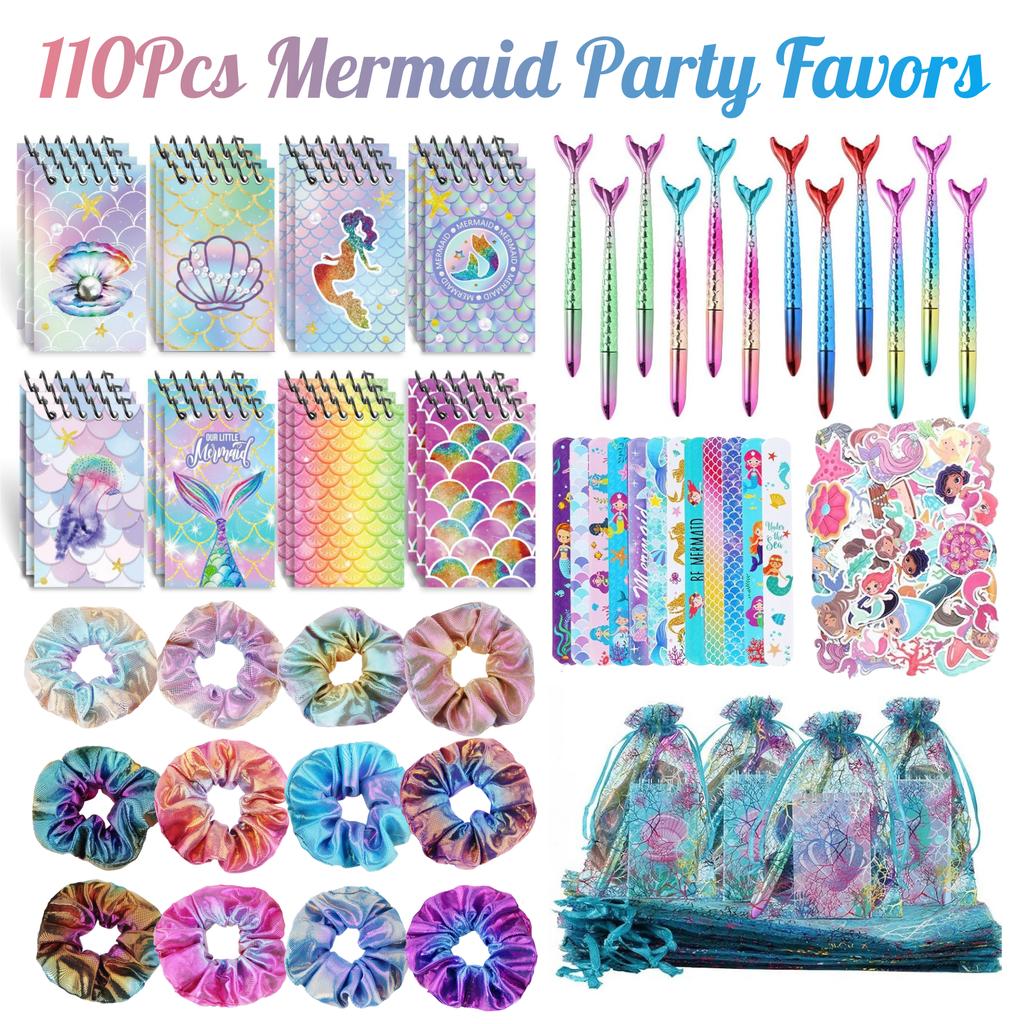 110PCS Mermaid Party Favors Mermaid Birthday Decorations Include Pen Notepad Metallic Scrunchies Slap Bracelet Gift Bag Sticker