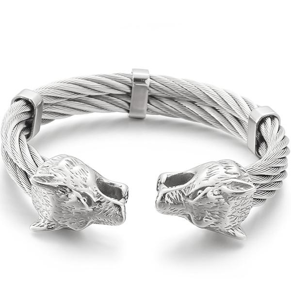 Gotisch Goldfarbe Edelstahl Wolf Löwenkopf Offener Armreif Manschettenarmband für Mann Herren Männlich am Handgelenk Schmuck Zubehör