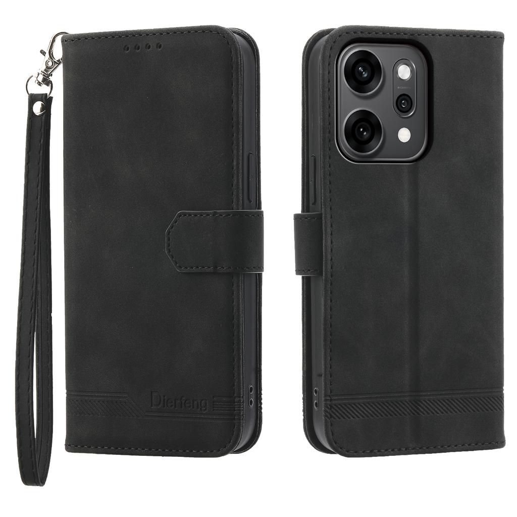 DIERFENG DF-03 For Oppo Reno14 Pro 5G (Global) Case Lines Imprint Wallet Leather Phone Cover with Wrist Strap