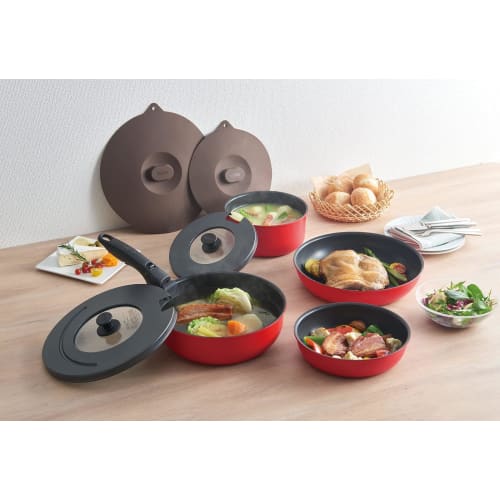Thermos Durable Series 9-piece Frying Pan Set with Removable Handle CA for Gas Fire Bright Red KSC-9A BTR