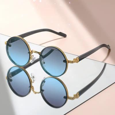 Women's Vintage Round Fashion Glasses with Punk Metal Frame & Tortoiseshell-like Pattern - Blue-Tinted Decorative Lens