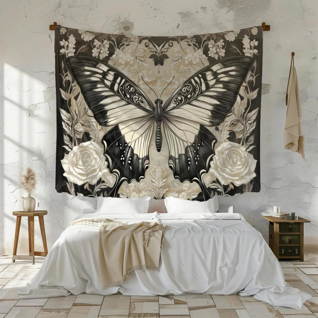 Vintage Black Butterfly Floral Tapestry Peach Skin Wall Hanging Gothic Rose Botanical Art Aesthetic Room Decor for Bedroom Dorm