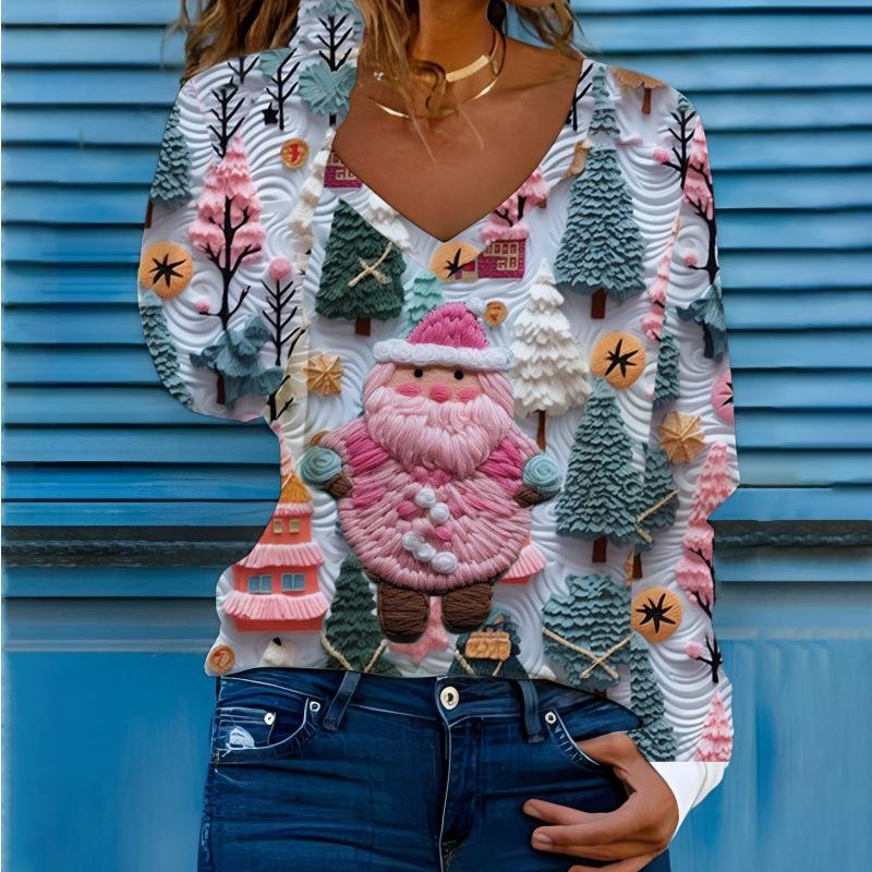 Christmas Women T-shirts  New Autumn Winter Christmas Printed V-neck Long Sleeve Women's T-shirt Fashion Loose Tops