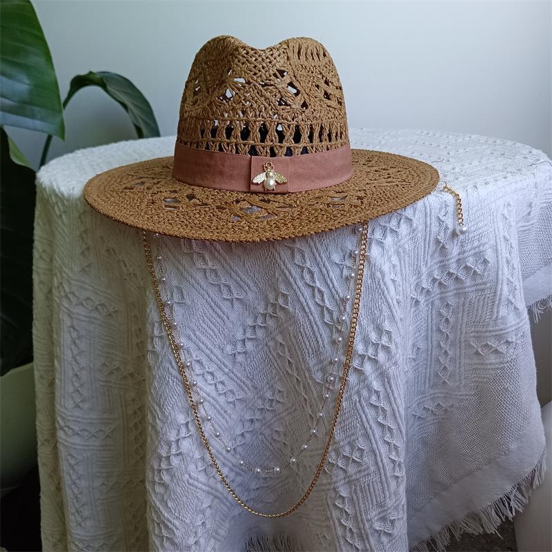 White Malan Flower Straw Hat Punk Pearl Chain Diy Supports All Kinds Of Hat Customization New Punk Hats For Men And Women