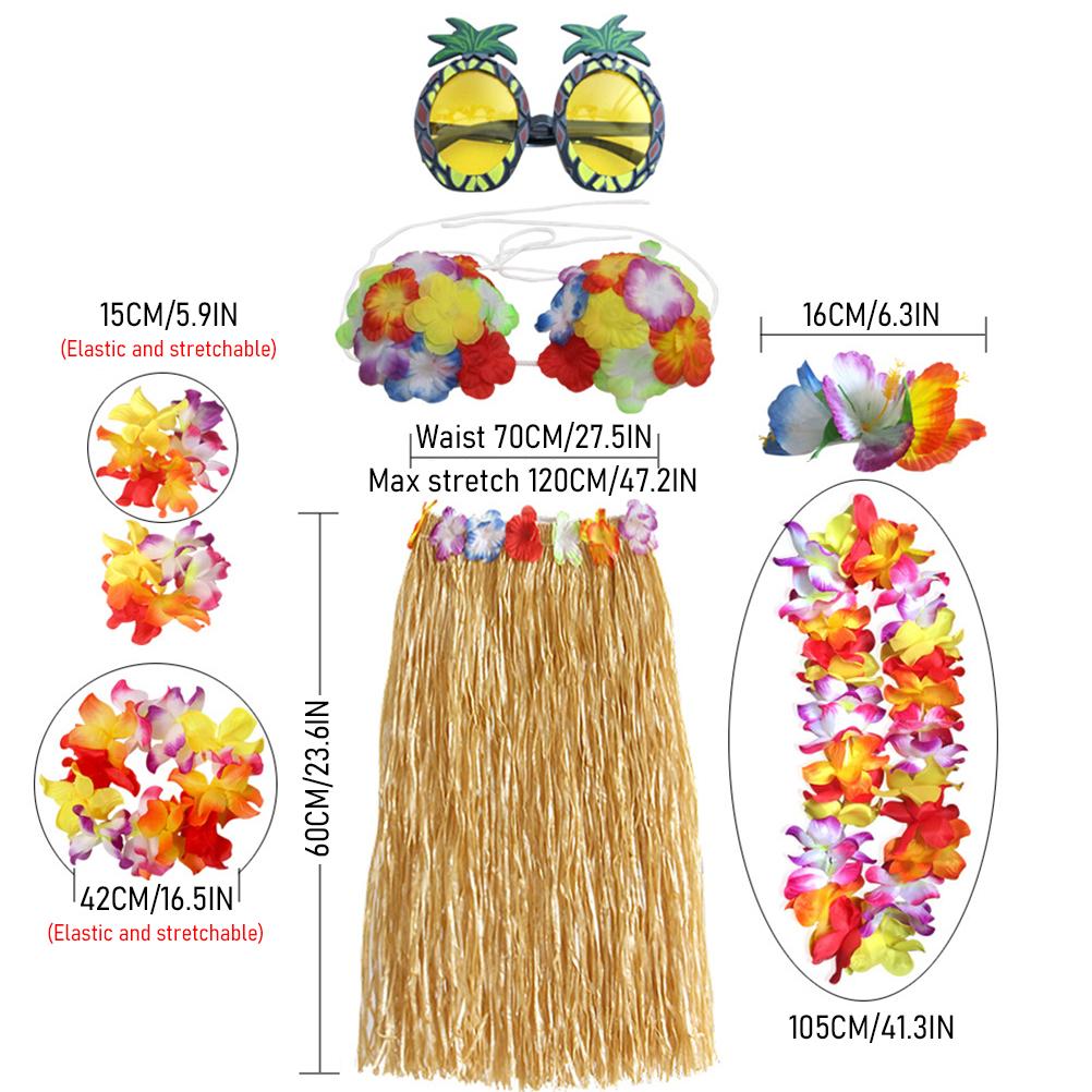 Hawaiian Hula Skirt Set 60cm Grass Skirt Bikini Top Lei Headband Wristbands Sunglasses Hair Clip 8pcs