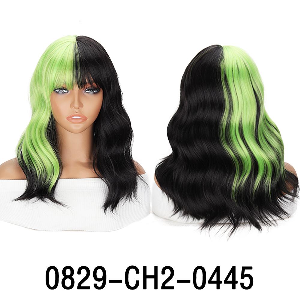 Synthetic Green Mix Black Wig With Bangs Short Wavy Wig Shoulder Length Colored Costume Wig For Women Girls Cosplay
