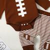Baby Boy 3 Piece Outfit Football Print Long Sleeve Rompers and Elastic Striped Pants Beanie Hat Set Fall Spring Clothes
