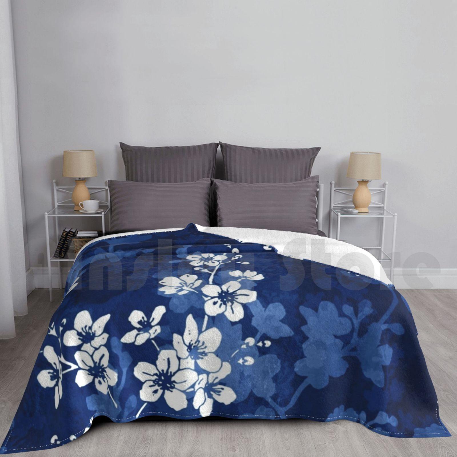 Sakura Blossom In Deep Blue Blanket Fashion Custom 761 Sakura Cherry Blossom Japanese Flowers Floral Repeat Size: 75*100cm, Weight: 230 GSM
