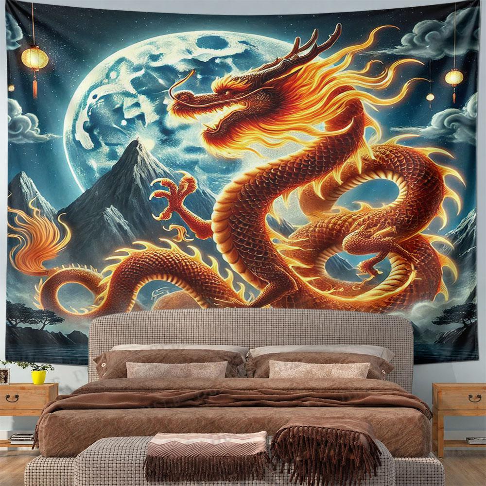 Fiery Dragon with Full Moon View Pattern Wall Hanging Tapestry Decorative Tapestry Home Decor for Bedroom and Living Room