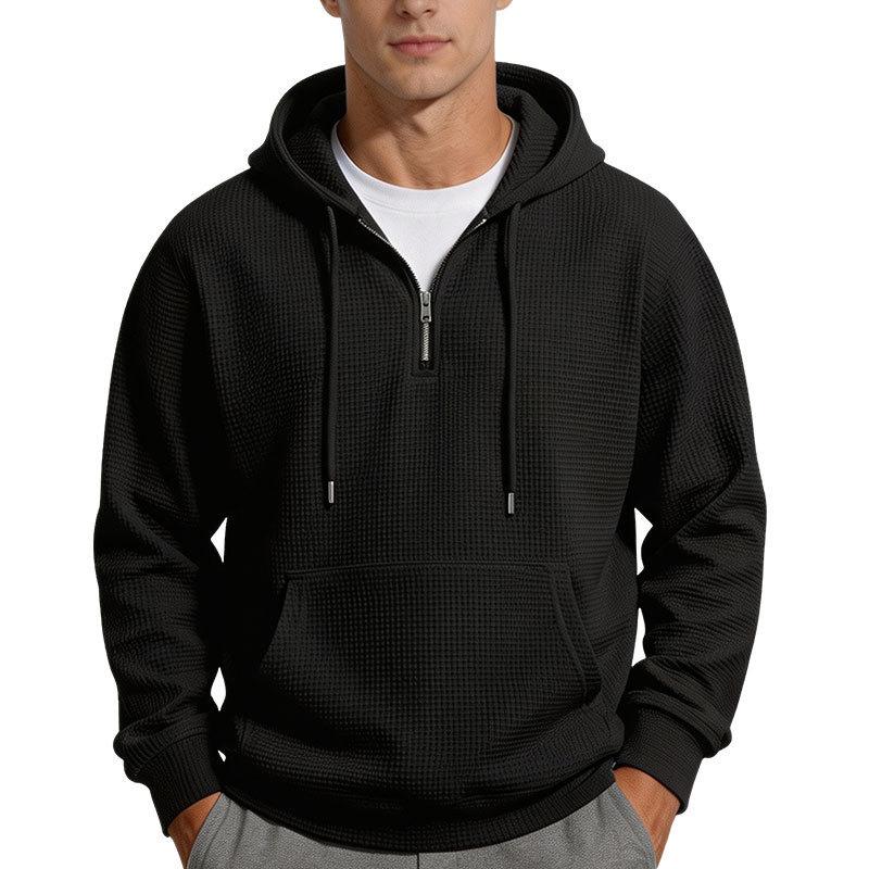 Men S Solid Color Waffle Hooded Half Zip Long Sleeve Pullover Sweatshirt