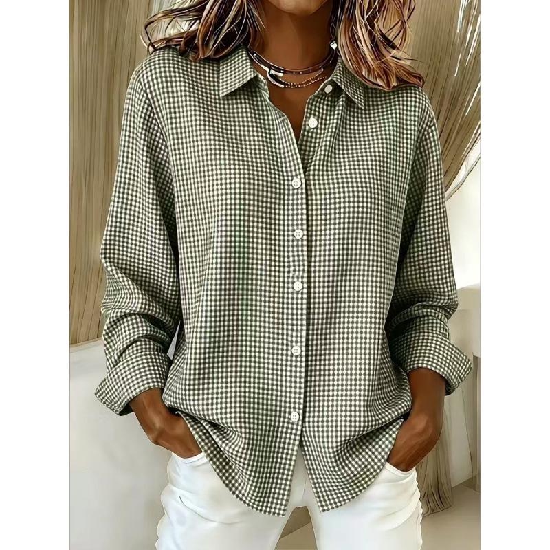 European beautiful women's new versatile lapel long-sleeved plaid shirt European and American four seasons fashion women's clothing