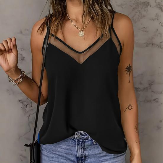 Women Tops Sling Spaghetti Straps V-Neck Mesh Splicing Loose Drape Cut Vest Soft Fabric Summer Casual Tank Tops