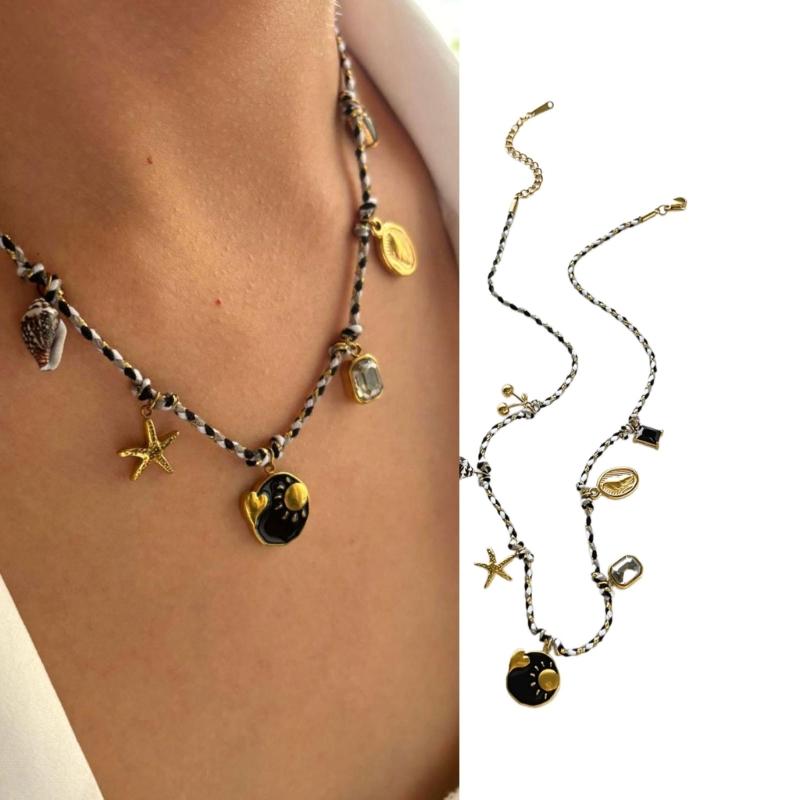 Summer Stainless Steel Necklace Sea Themed Starfish and Heart Charm Drop Oil Neckwear Enamel Jewelry Accessory