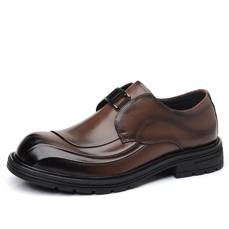 New Men's Top Layer Cowhide Business Leather Shoes Big Head Thick Sole Leather Casual Men's Shoes Trendy Lace Up Single Shoes