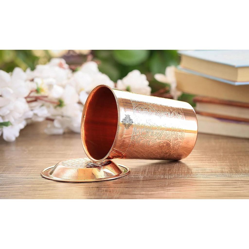 Pure Copper Full Embossed Design Glass Tumbler Cup with Lid, Drinking Serving Water, Yoga Ayurveda, Volume-300 ML (Pack of 1)