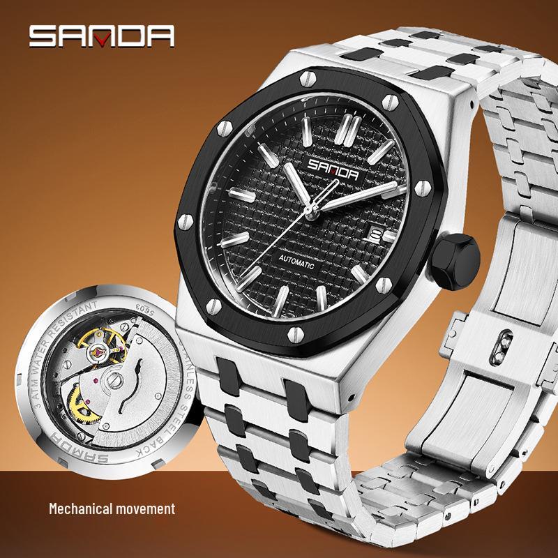 SANDA Men's Waterproof Mechanical Watch with Solid Steel Band and Calendar