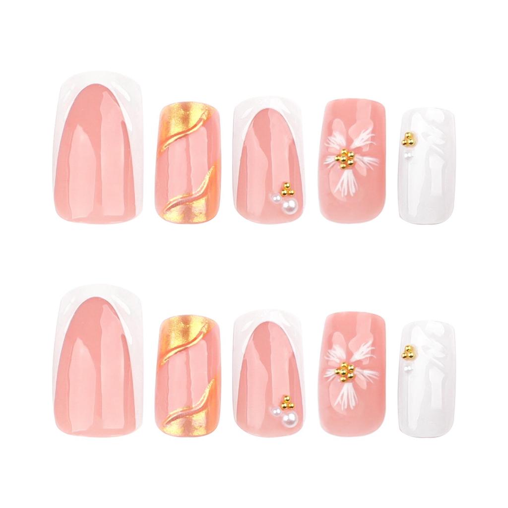 3D French White Wearable Nails with Gold, Flowers & Pearls - Short Rectangular