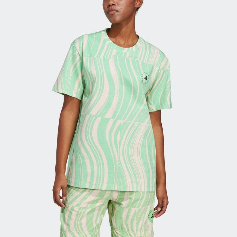 Adidas X Stella McCartney Logo Print Loose Fit Crew Neck Short Sleeve T-Shirt Women Tops Green HR9164