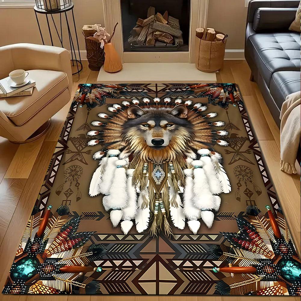 Wolf and Tribal Feather Design Carpet Patterned Carpet, Non Slip Mat Suitable for Living Room and Bedroom Sofas