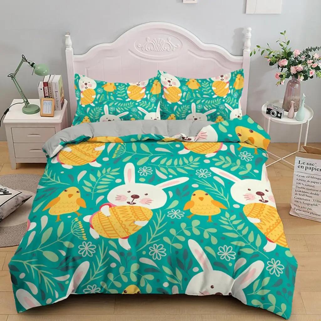Soft Easter Eggs Print Duvet Cover Happy Easter Cartoon Rabbit Toddler Bedding Sets Twin King Queen Size Microfiber Quilt Cover