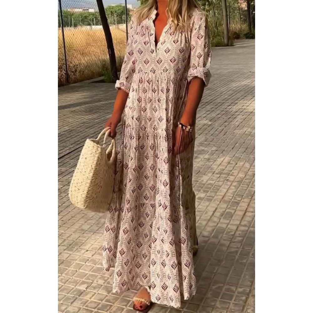 Damen V-Ausschnitt Langarm Maxikleid Oversized Lässig Geometrischer Print Urlaubs-Kleid