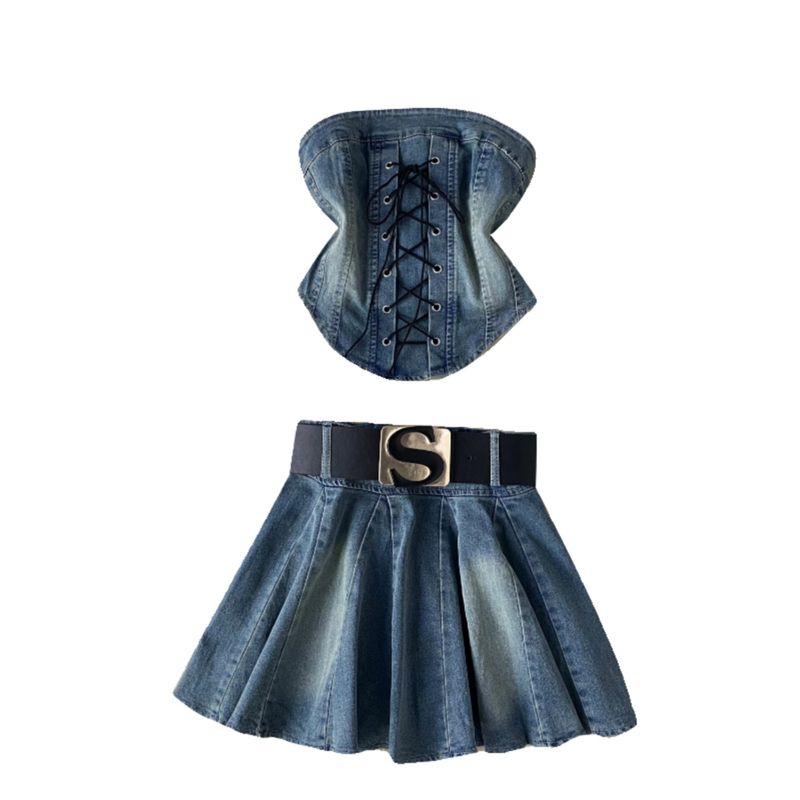 Hot Stylish Lace-up Waist-Controlled Asymmetrical Tube Top Vest Two-Piece Set Women's Dress with Belt Denim Skirt